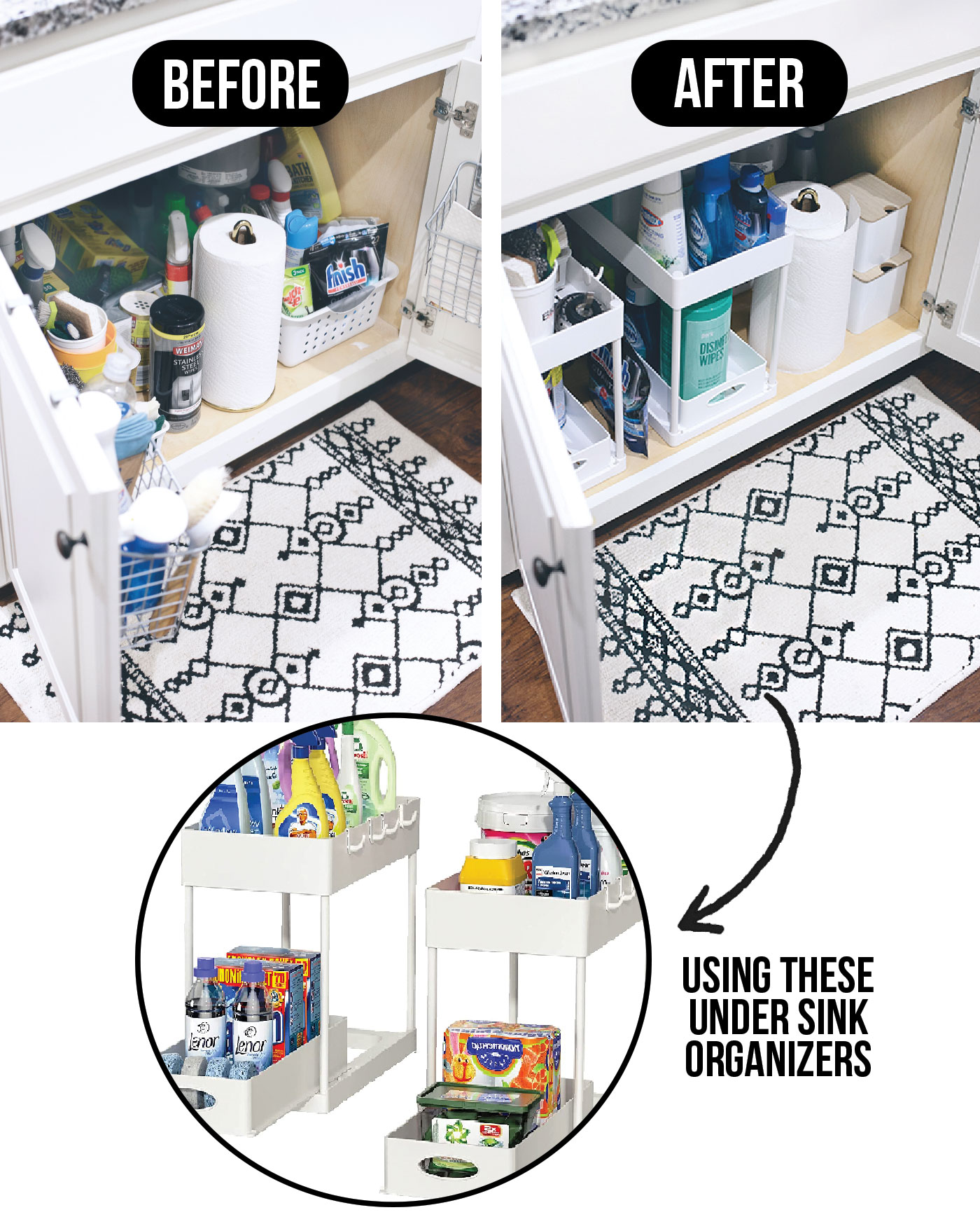 Before and after under sink organization pictures