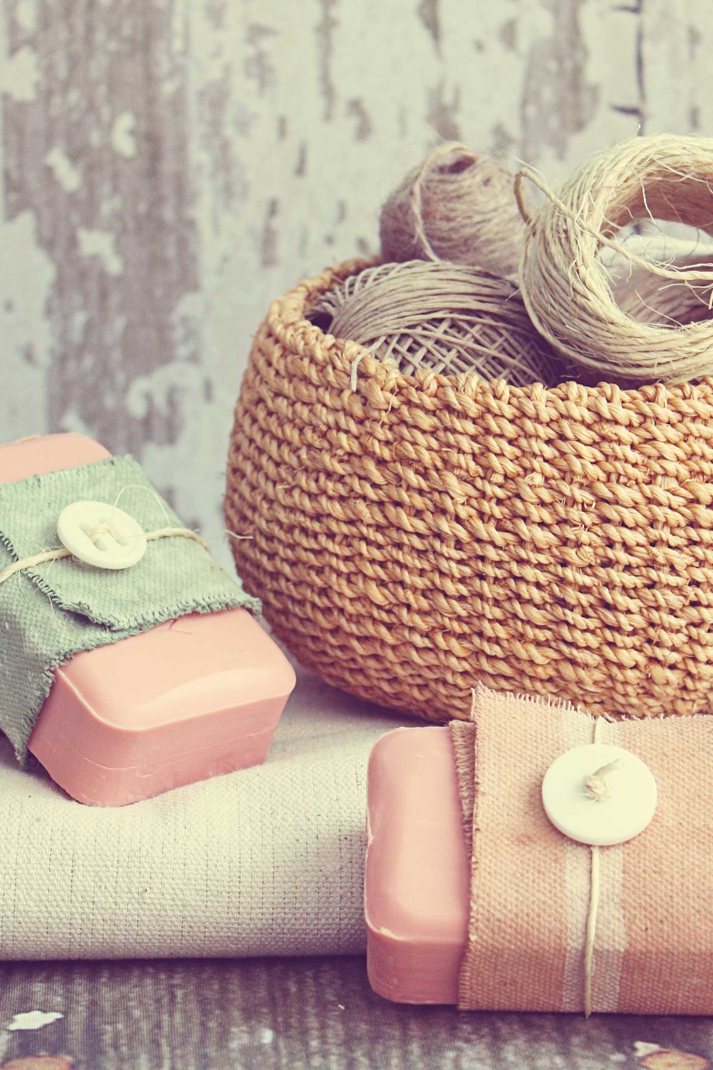 Painted Drop Cloth Soap Wraps styled with a basket of twine