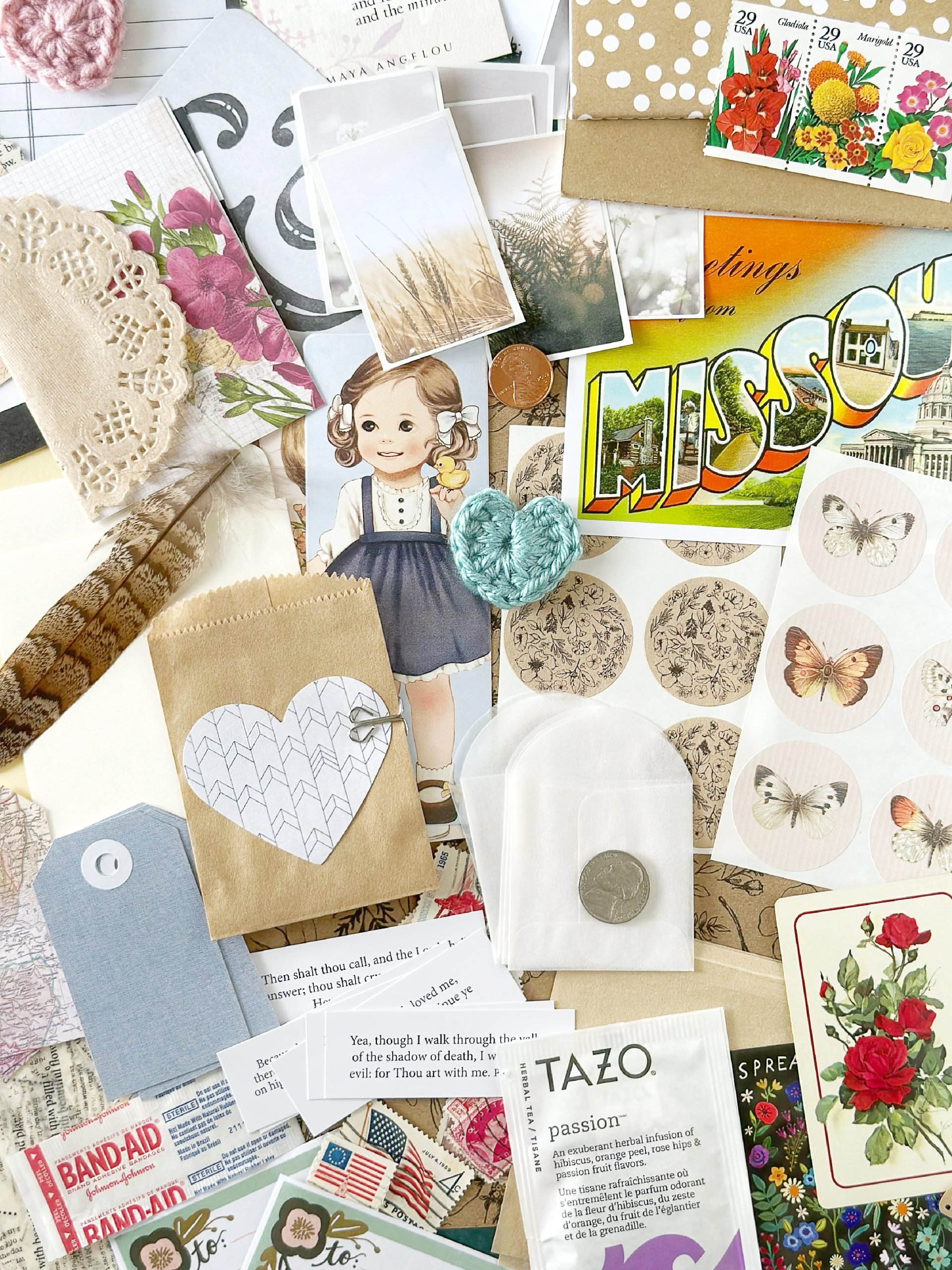 Collage of stickers, tags, postcards, bookmarks and more