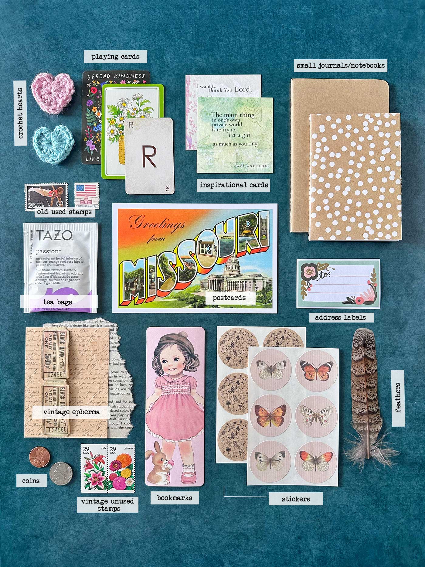 Collage of flat items for snail mail