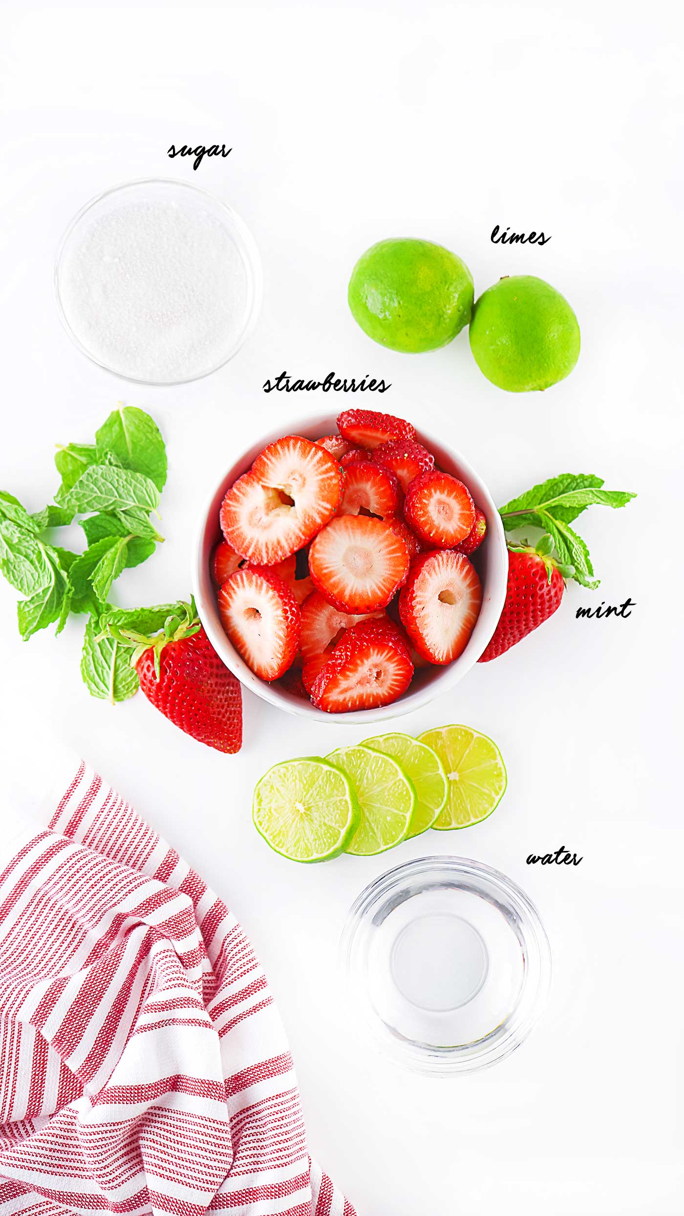 Ingredients: strawberries, lime, mint, water and sugar