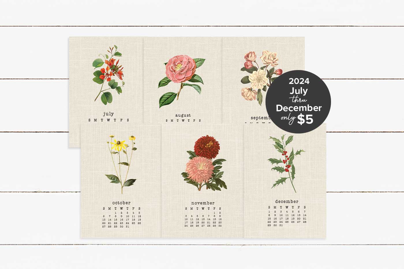 printable botanical calendar july-december