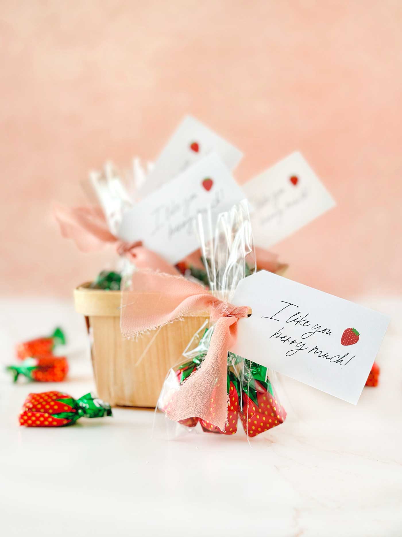 Basket with Strawberry Candy and Gift Tag