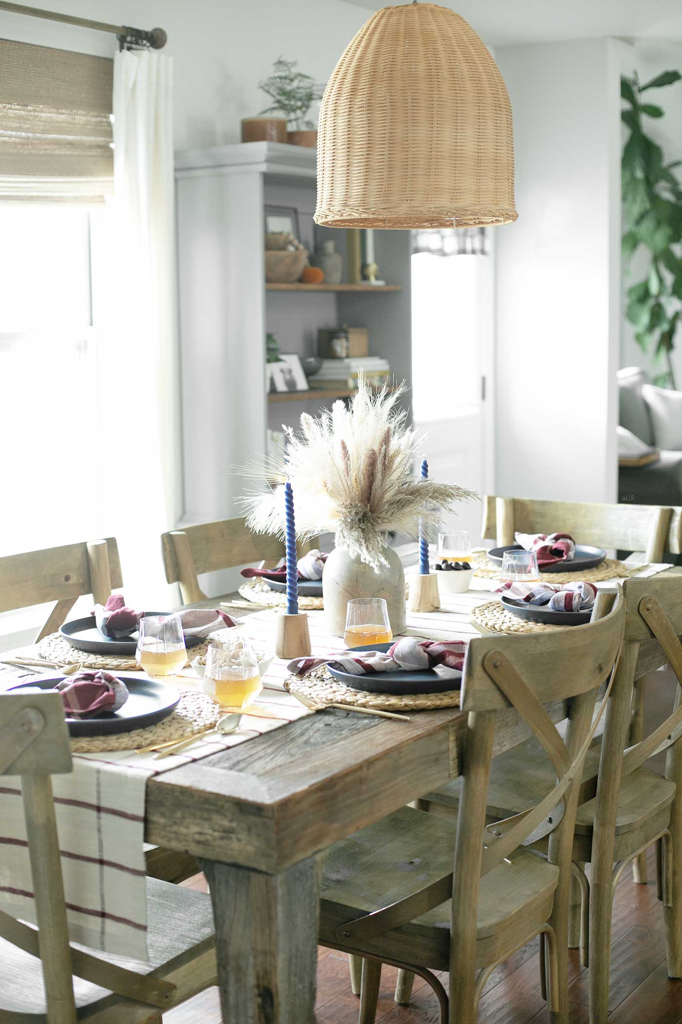 Dining Room tablescape set for a Thanksgiving, Friendsgiving or a Fall Dinner