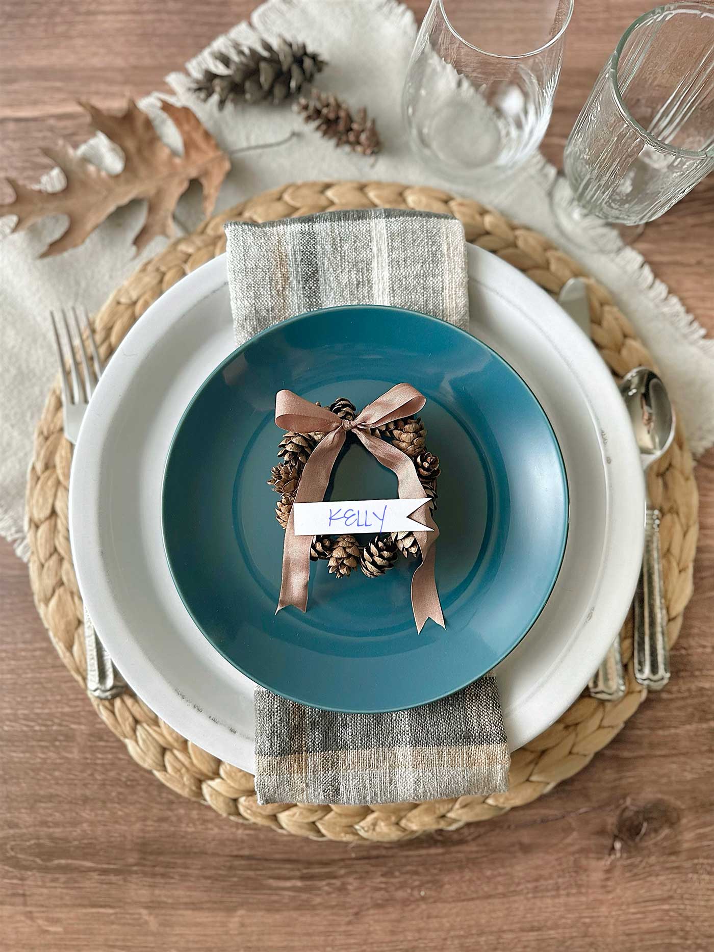 Fall Place Setting with a pinecone wreath place card holder