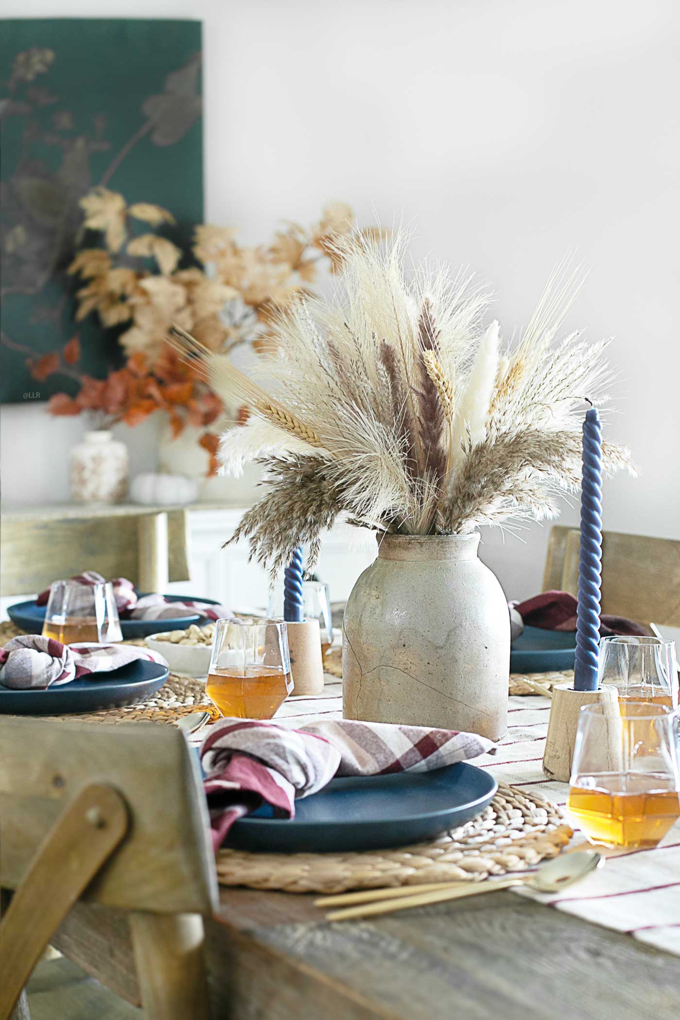 Lovely Tablescape for Fall using the rich colors of Navy and Burgundy