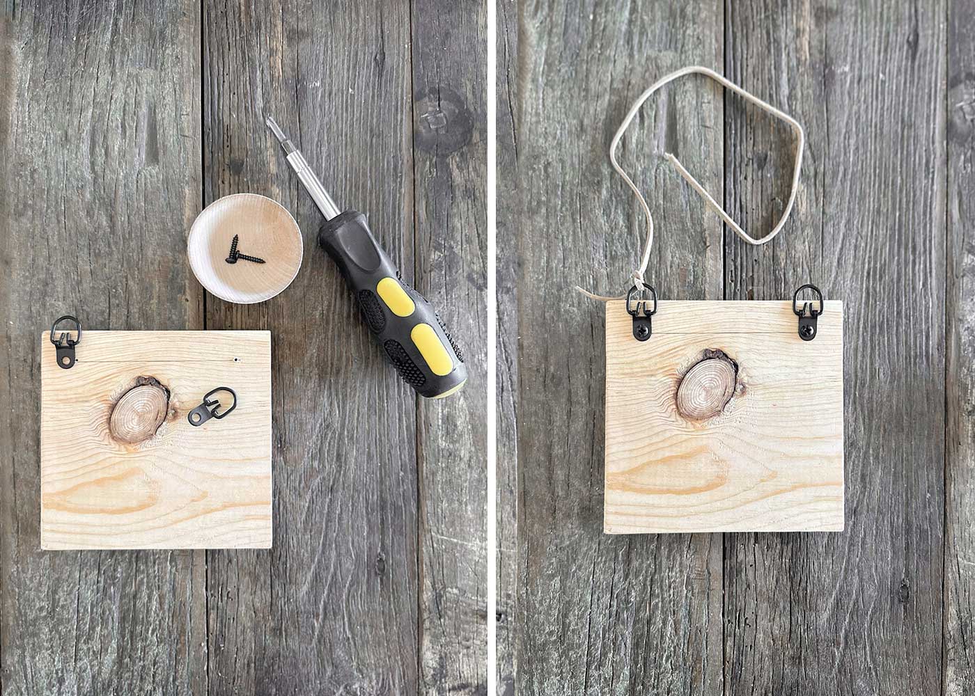 attaching d rings and leather trim to wood plaque for hanging