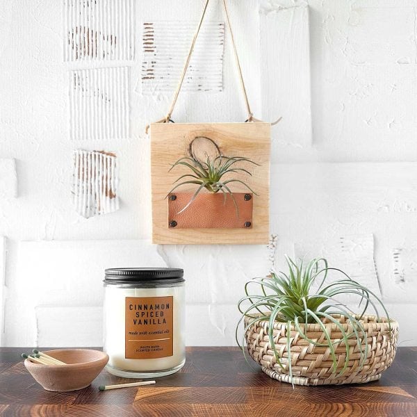 Lovely vignette with an candle, basket and hanging air plant holder