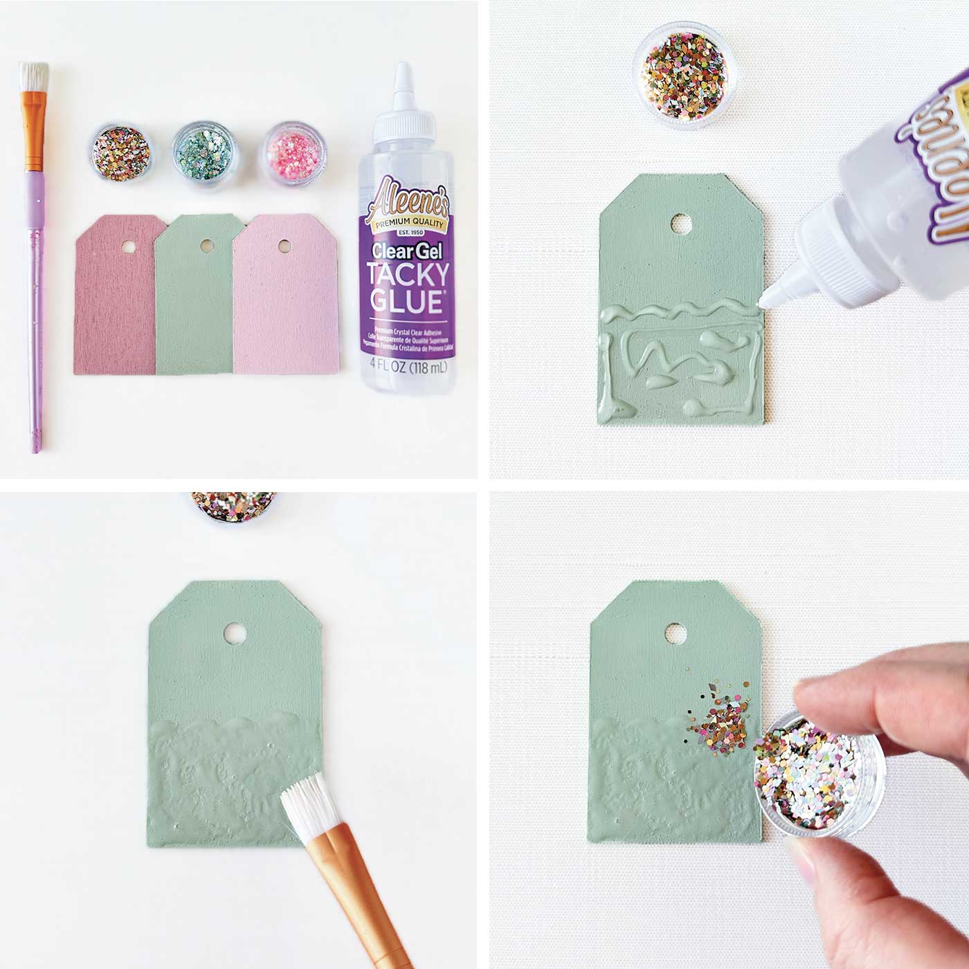 collage of pictures adding glue and glitter to a wooden gift tag