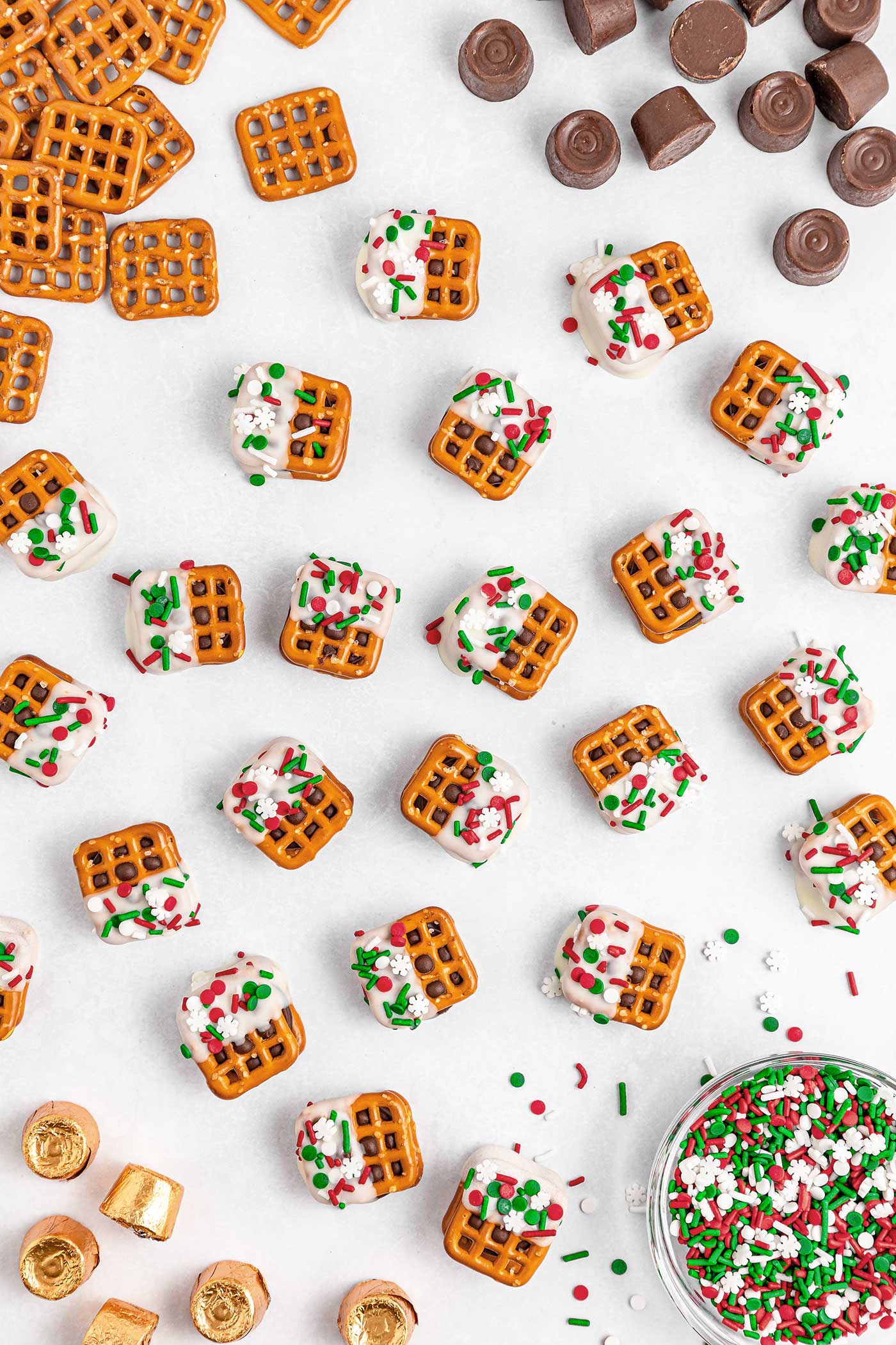 Christmas treat on a plate with white chocolate and sprinkles