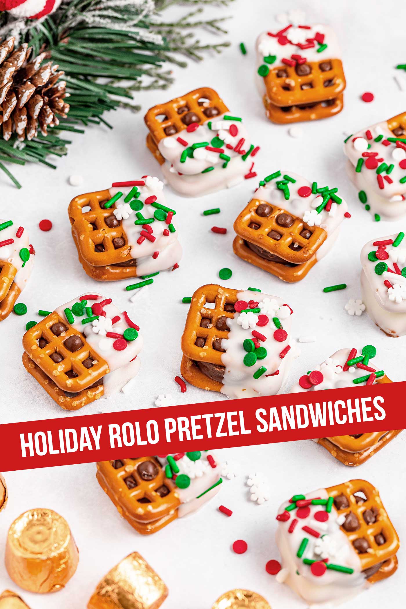 Rolo Pretzel Sandwiches on table with festive sprinkles 