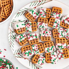 rolo pretzel sandwiches for christmas on a holiday plate