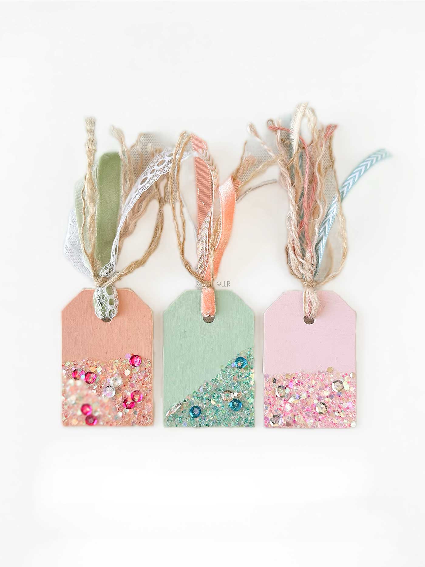 coral, green and pink gift tag with glitter and ribbons