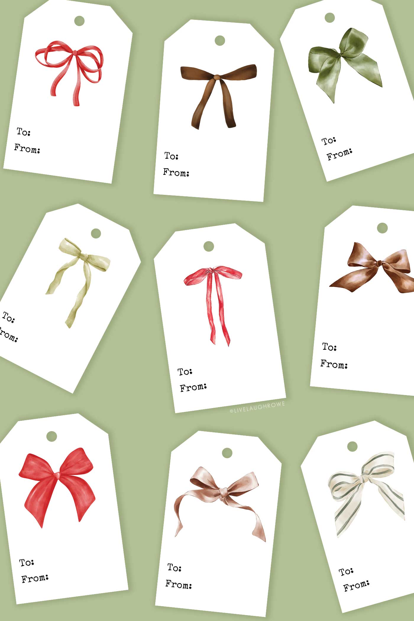 randomly placed gift tags with bows on them on a green background