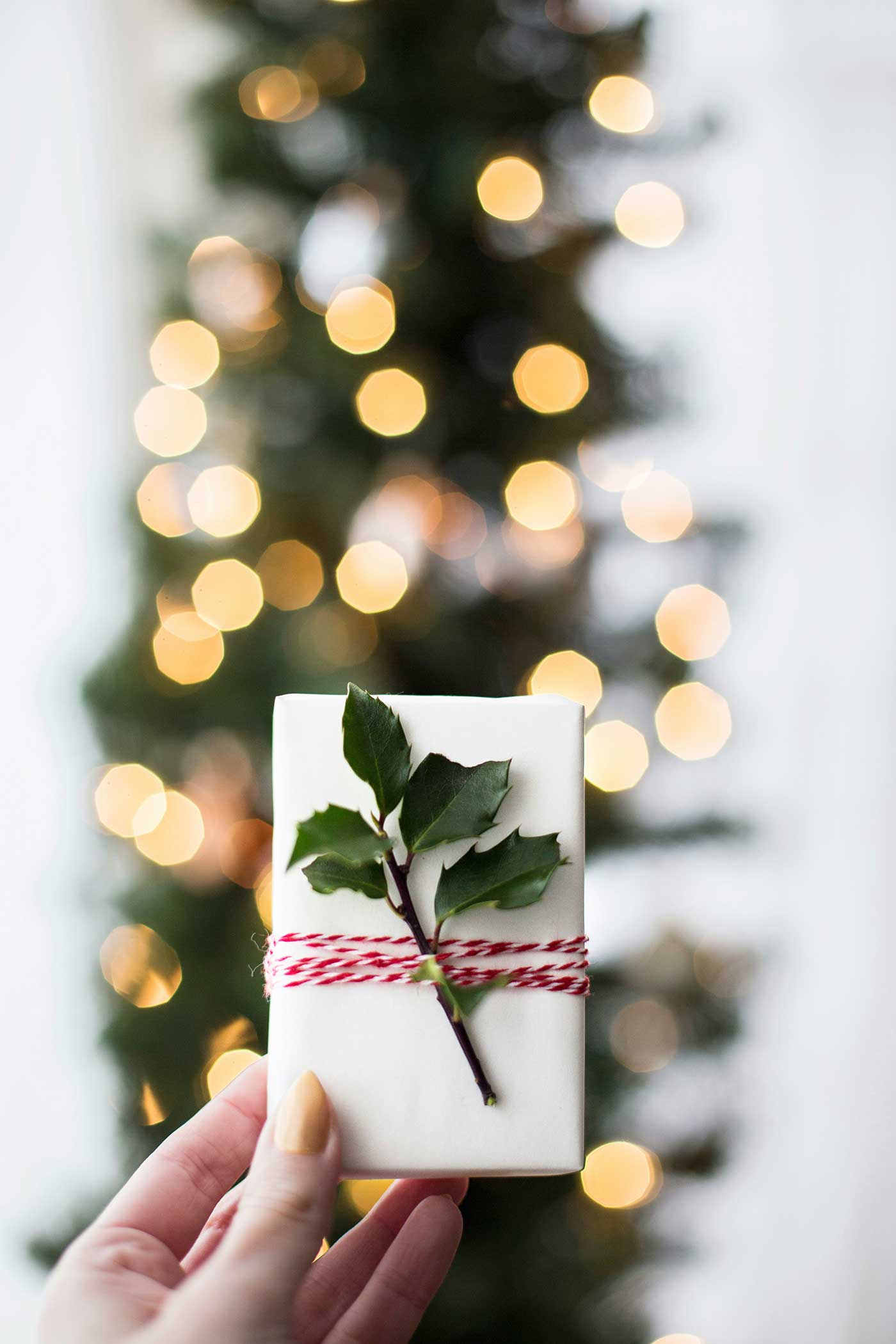 festive package wrapped in white paper with a holly branch. A lit tree is blurred in the background