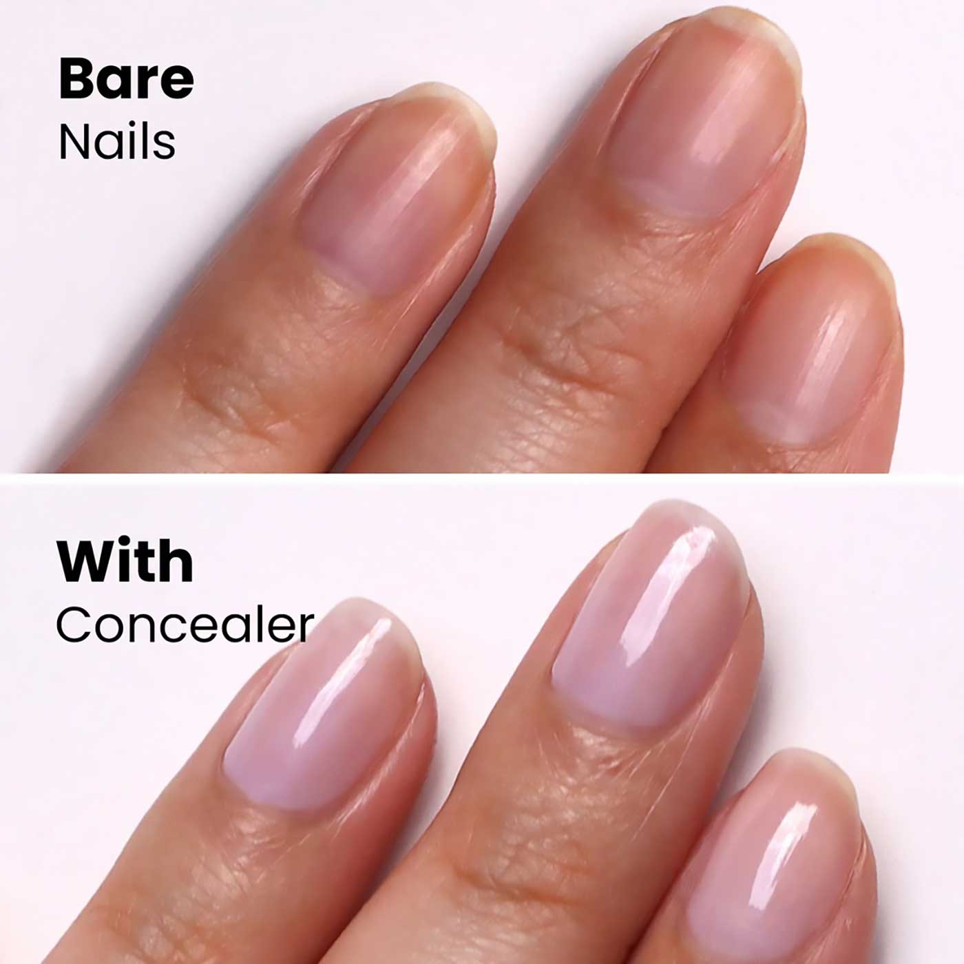 before and after photo of nails.  one with bare nails and the other with a concealer on them