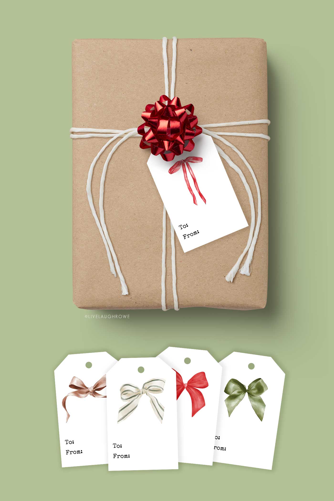 gift with multiple christmas gift tags laid out below it