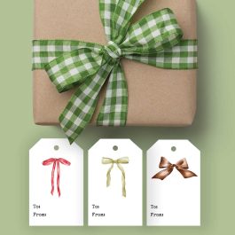 package with a green gingham bow and bow gift tags laid out below it