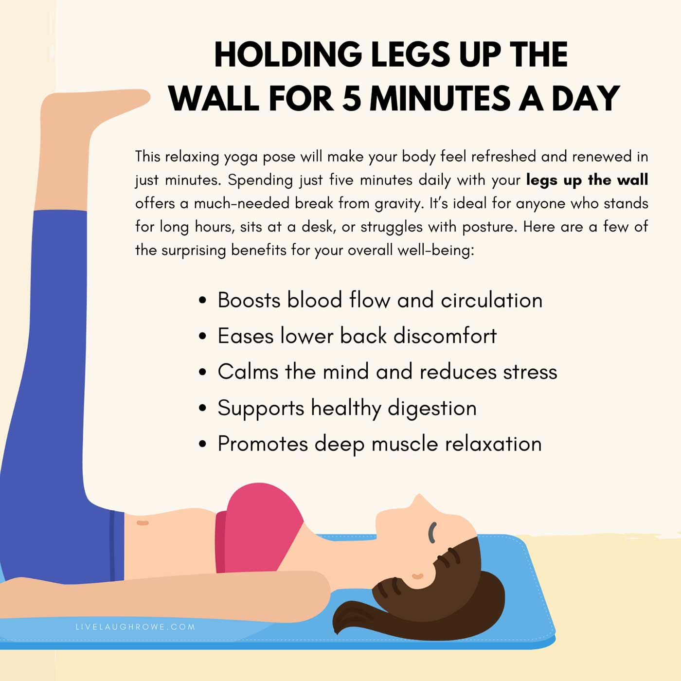 legs up the wall yoga pose with text about it's benefits