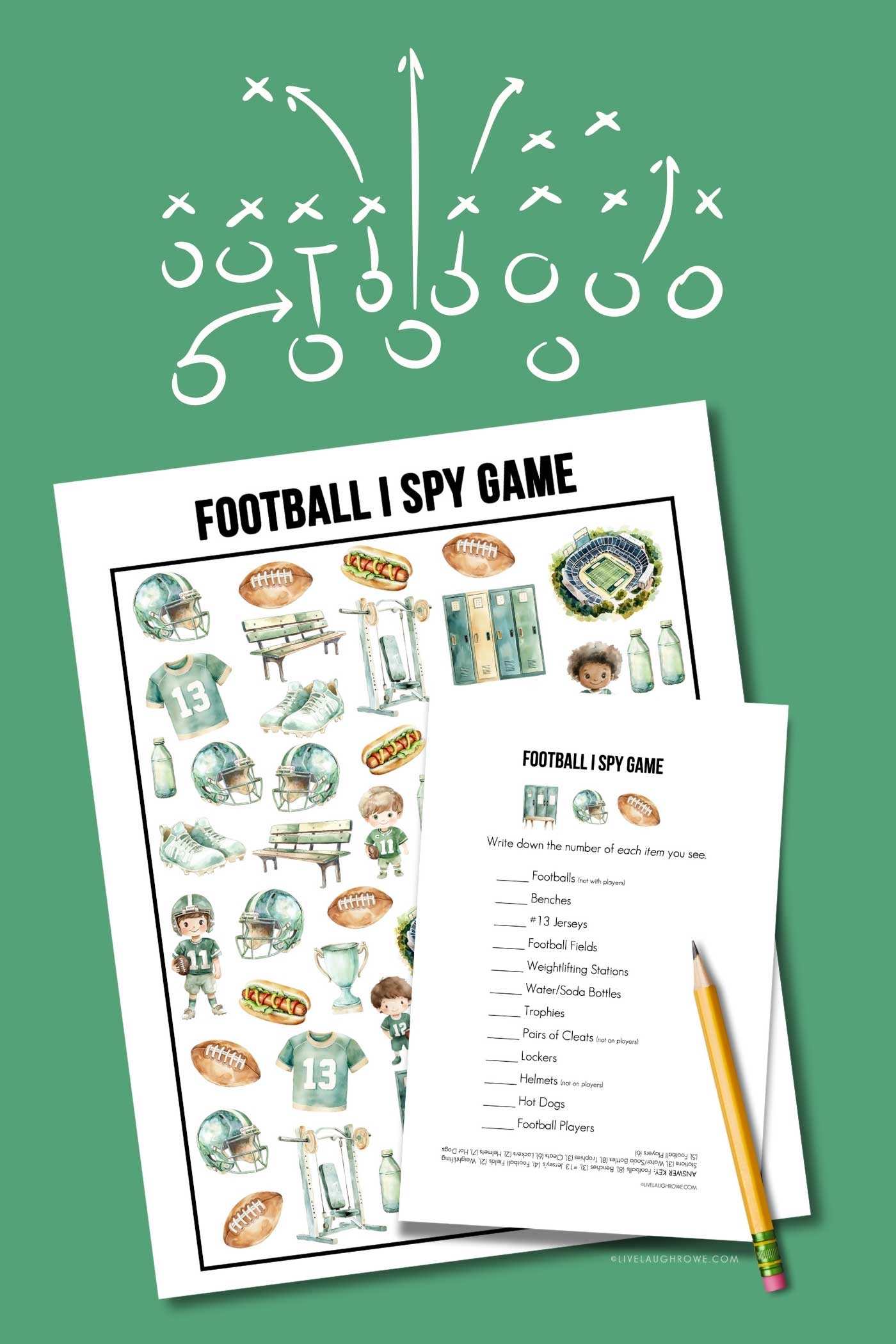 football i spy game and answer sheet with a pencil on a green background