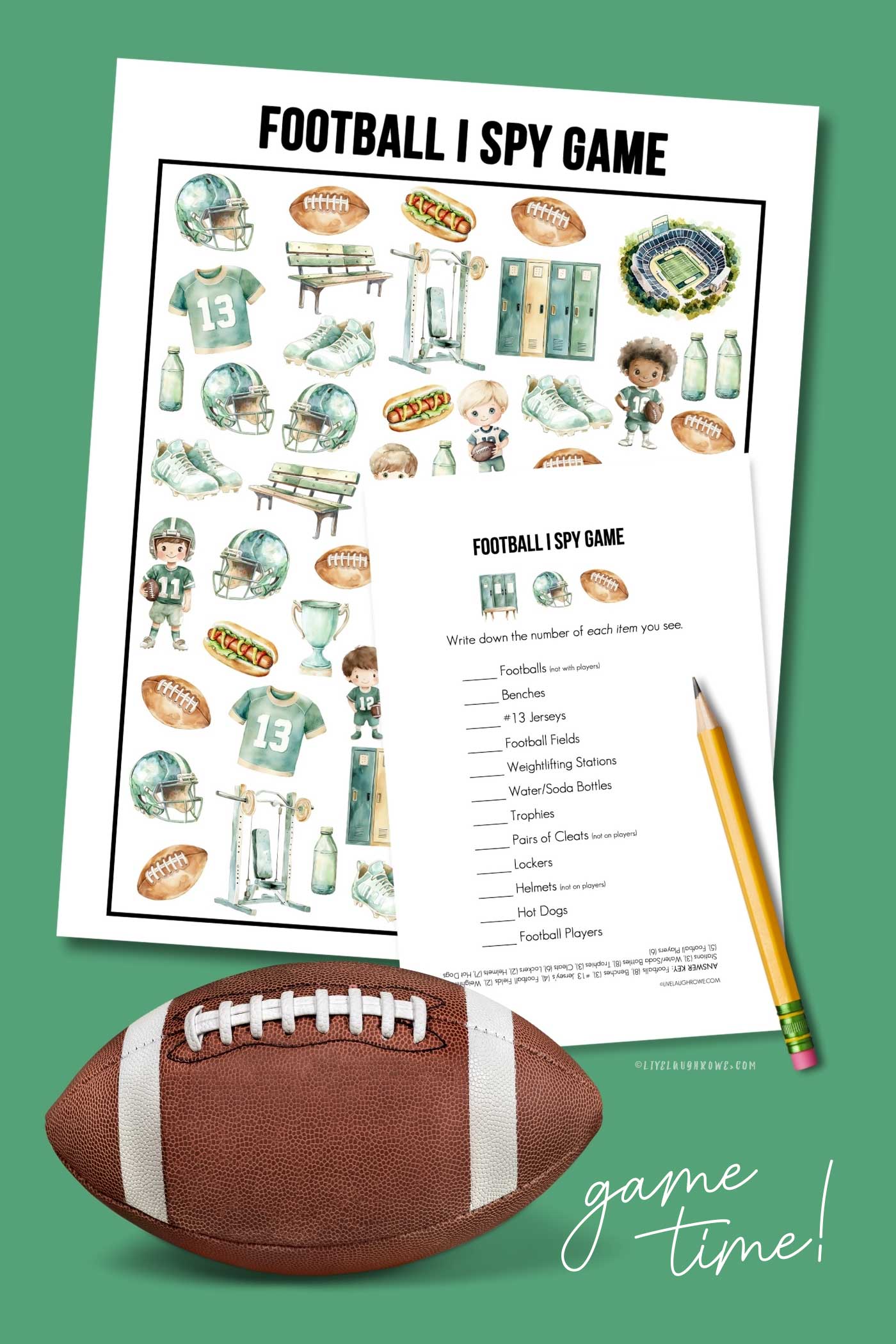 football i spy game and answer sheet with a pencil and football on a green background