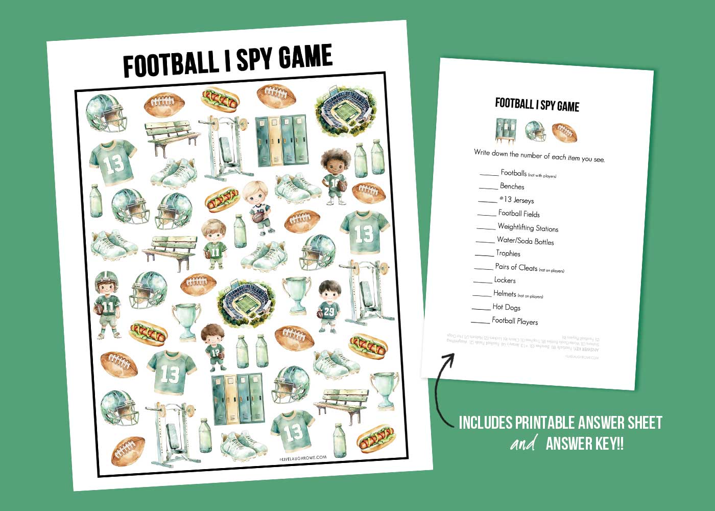 printable football game and answer sheet/key