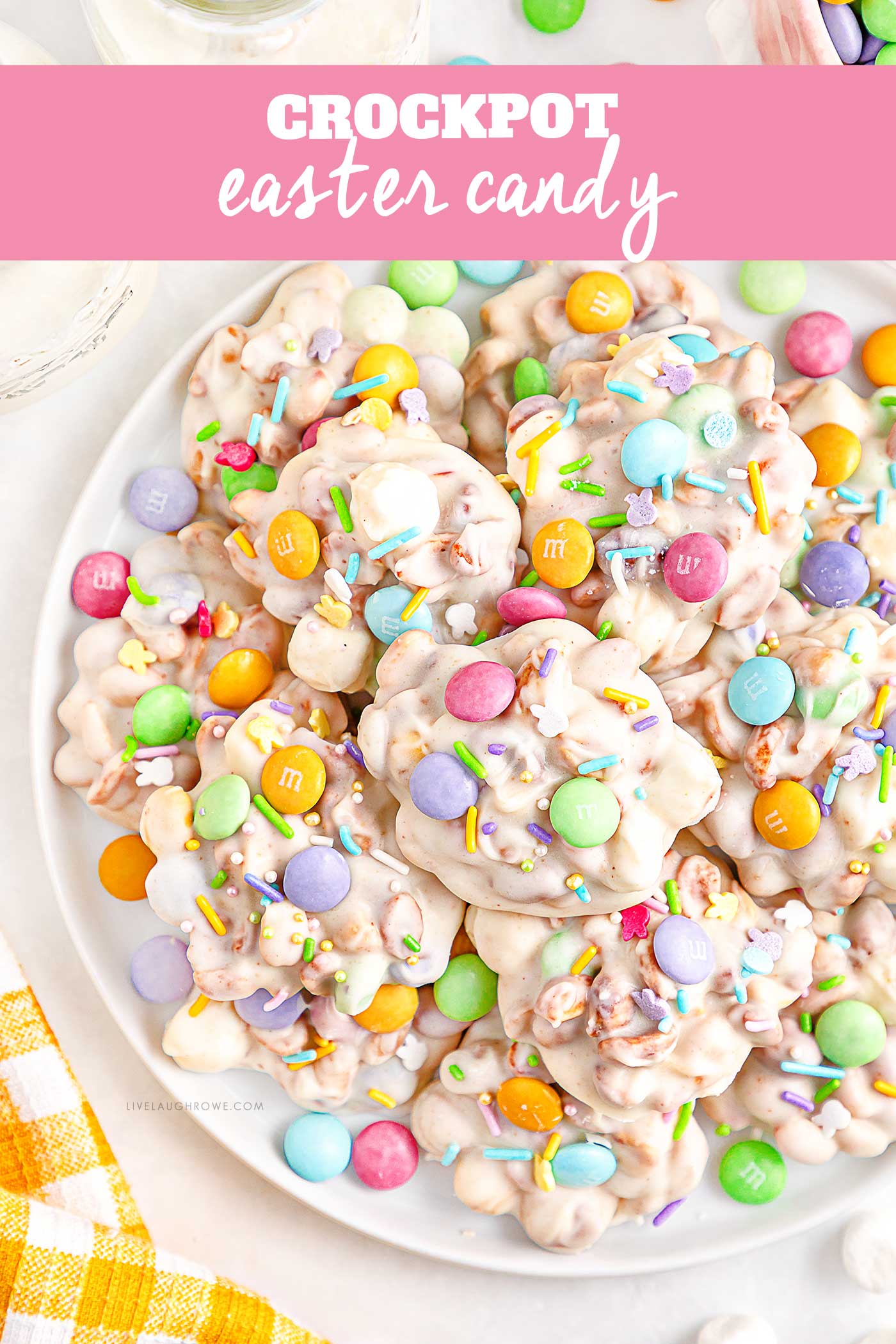 colorful easter candy stacked on a plate with text overlay