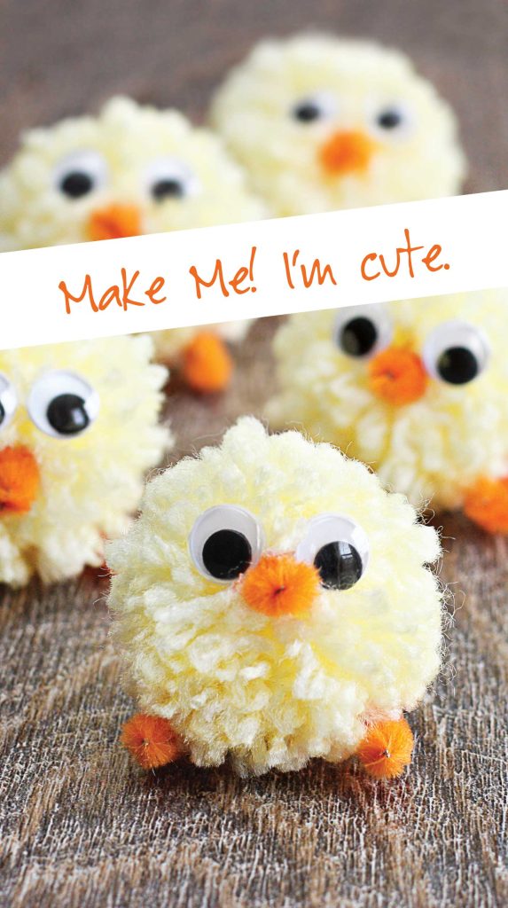 little yarn chicks made of pom poms, pipe cleaners and wiggly eyes