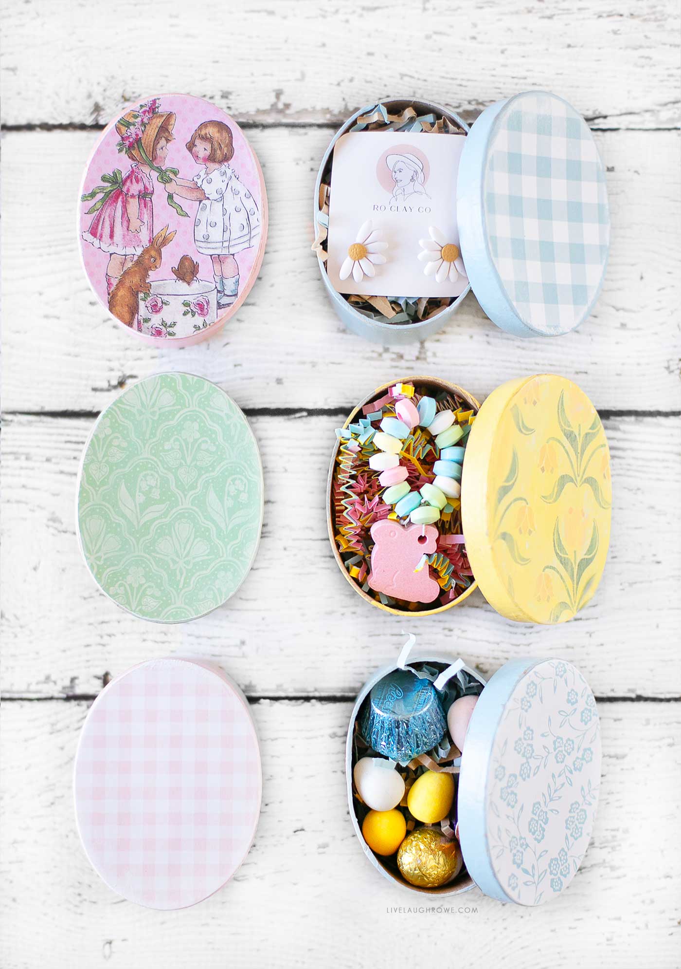 a variety of colorful paper mache easter treat boxes pictured with goodies and gifts inside