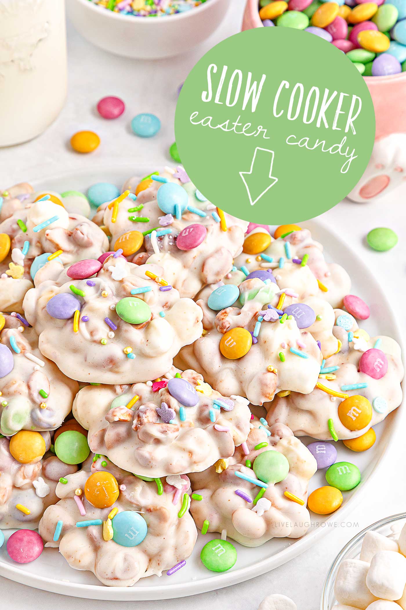 easter candy on a white plate with text overlays