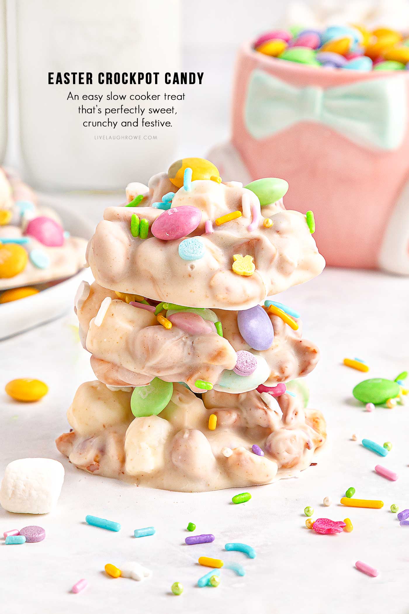 three candies stacked with sprinkles around them and text on the photo