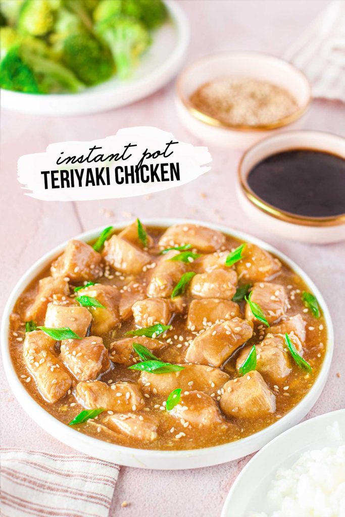 text over a picture with a large bowl of teriyaki chicken