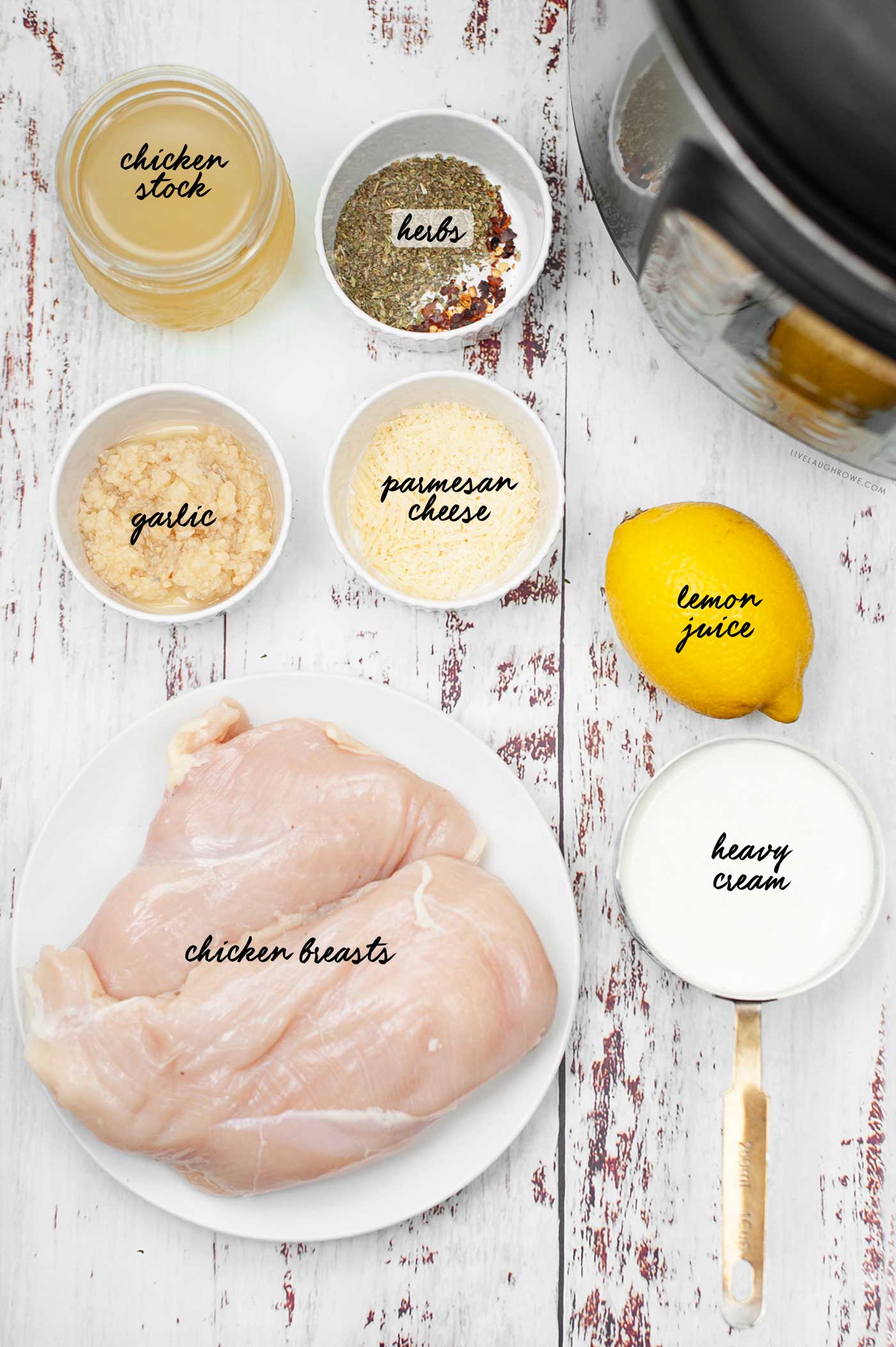 labeled ingredients for the Creamy Lemon Chicken recipe that will be made in the instant pot