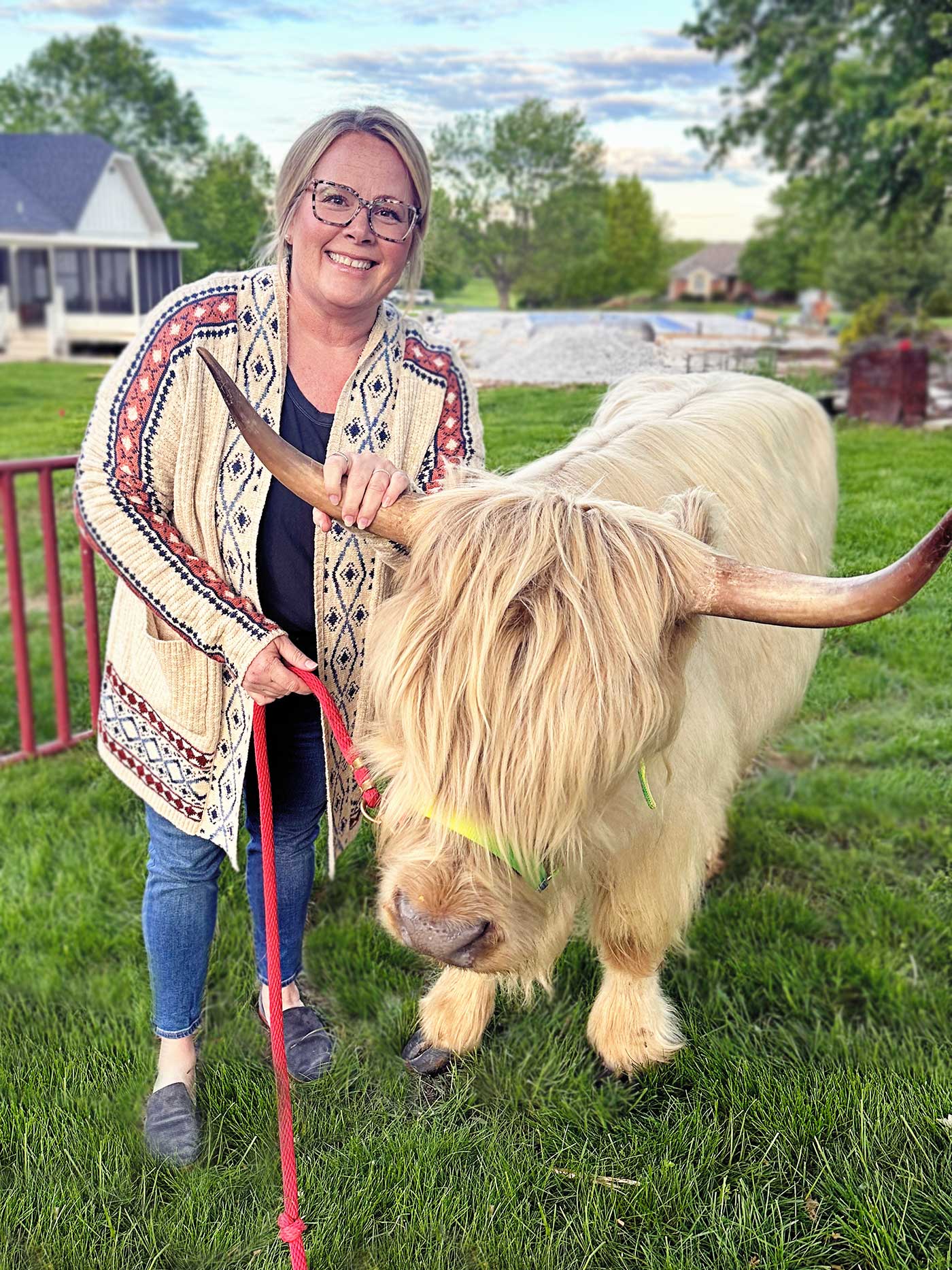 lady wearing a sweater and jeans holding the horn of a highland cow