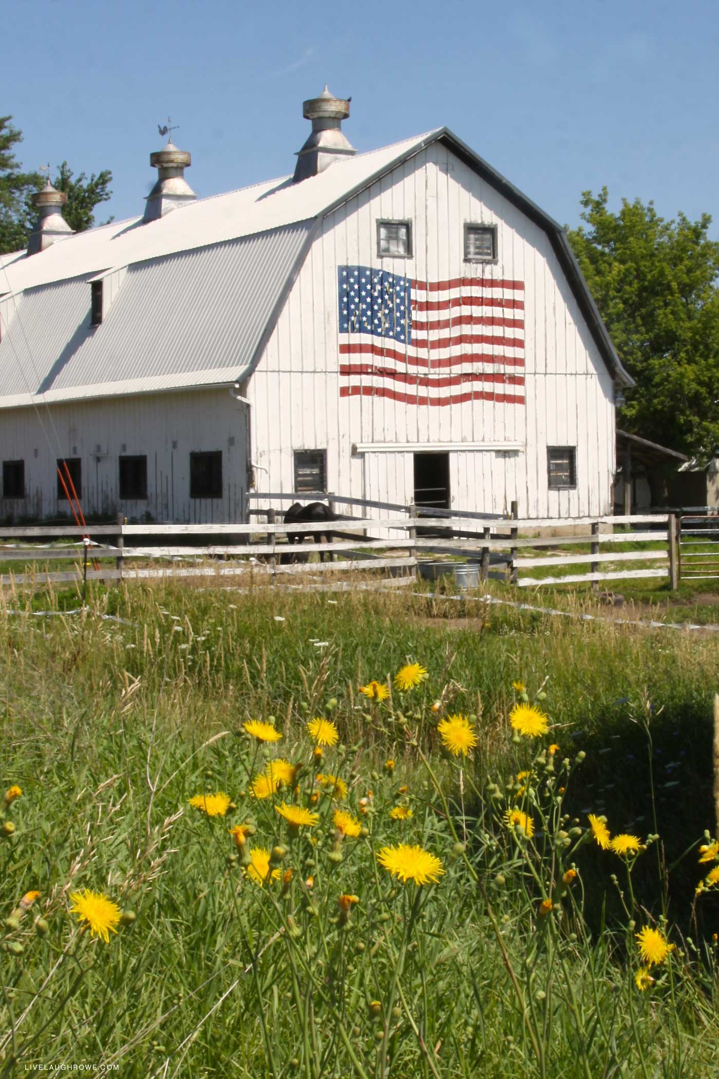 white barn with an american flag on it. white fence and lush green countryside