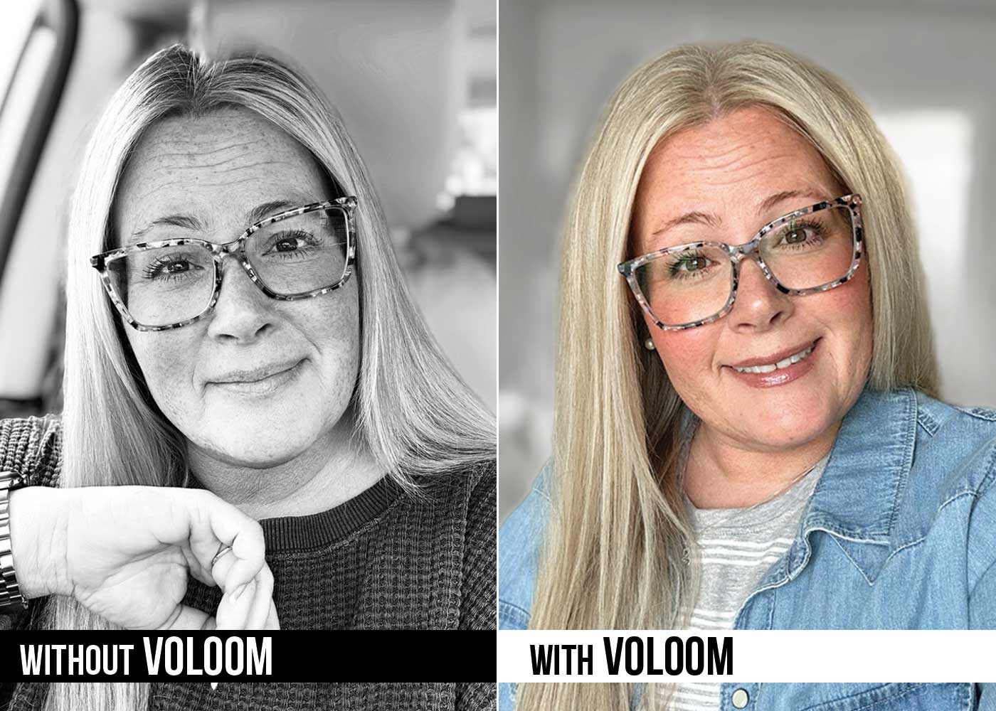 two side by side pictures of a woman with straight hair, one with more volume due to a styling tool