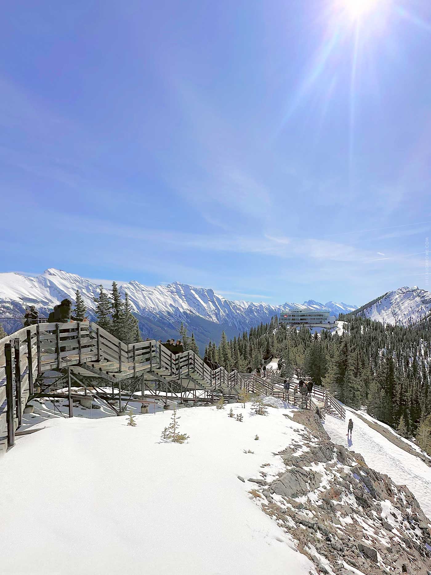 Sulphur Mountain Boardwalk. Beautiful wooden boardwalk along the snow capped mountain.