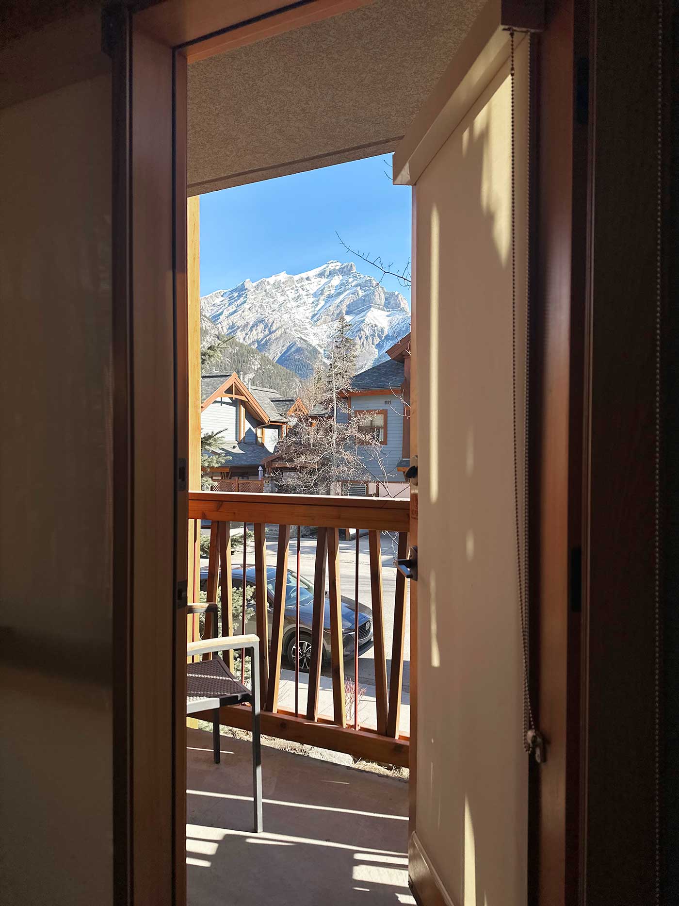 view of the Canadian Rockies from our hotel room in Banff