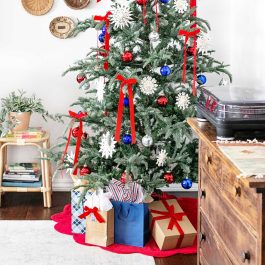 square image of a patriotic christmas tree for a christmas in july celebration