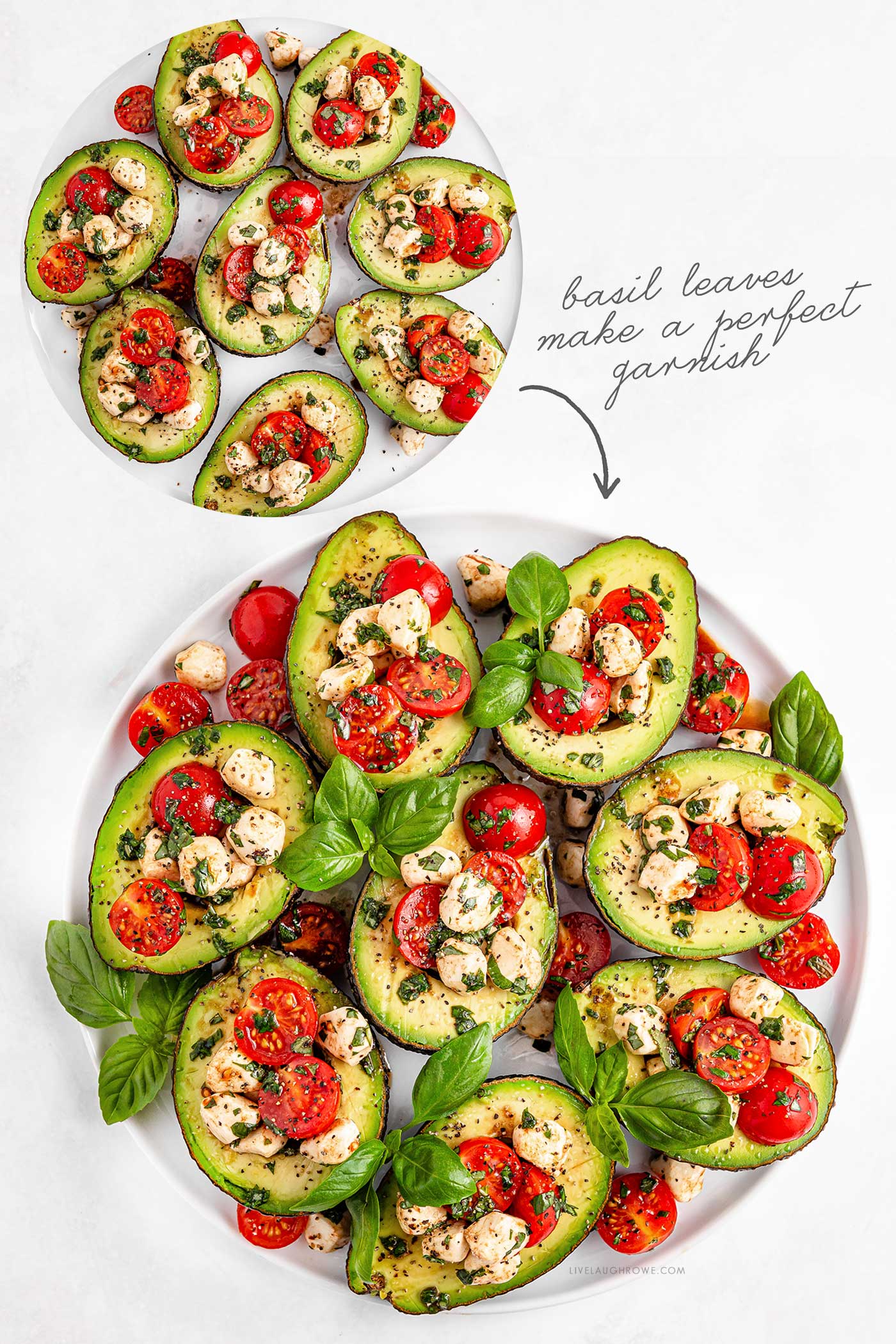 two plates with stuffed avocados and text overlay