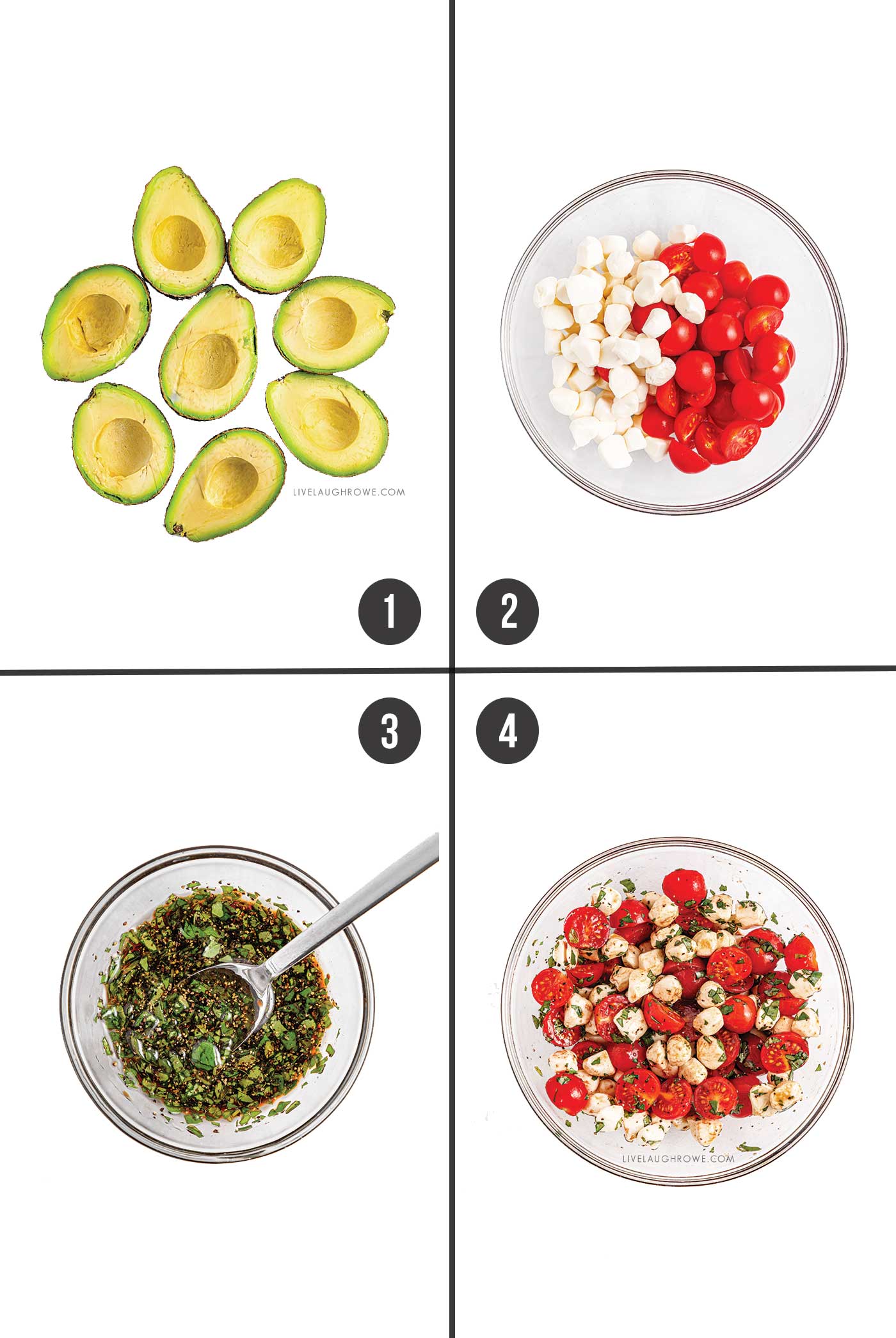 four step process of making the avocados stuffed with caprese salad