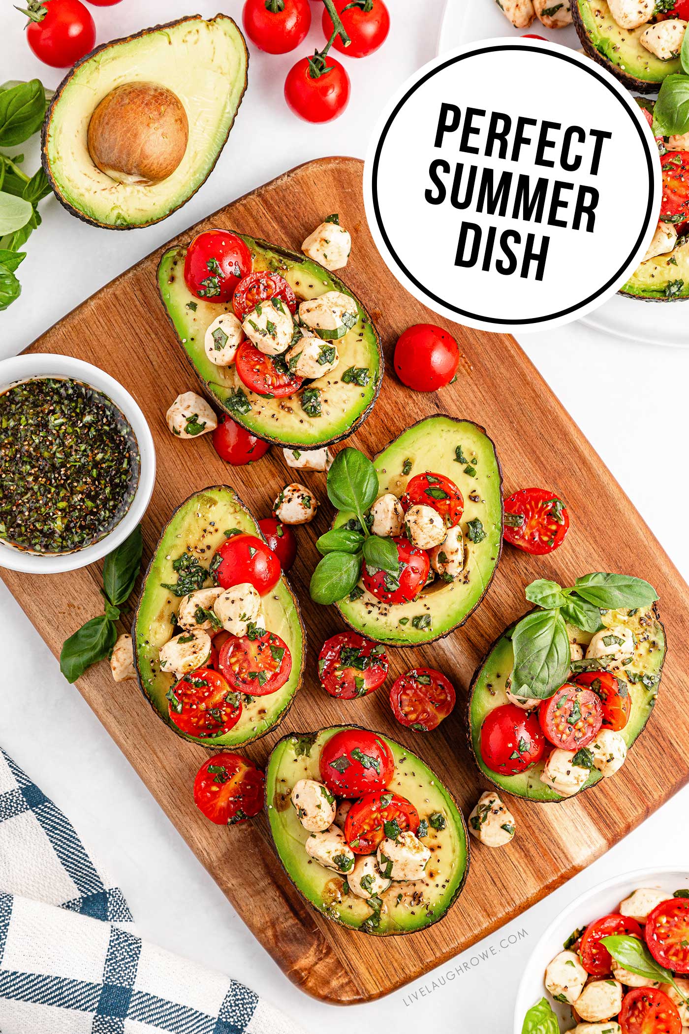 wooden platter with a healthy summer avocado dish