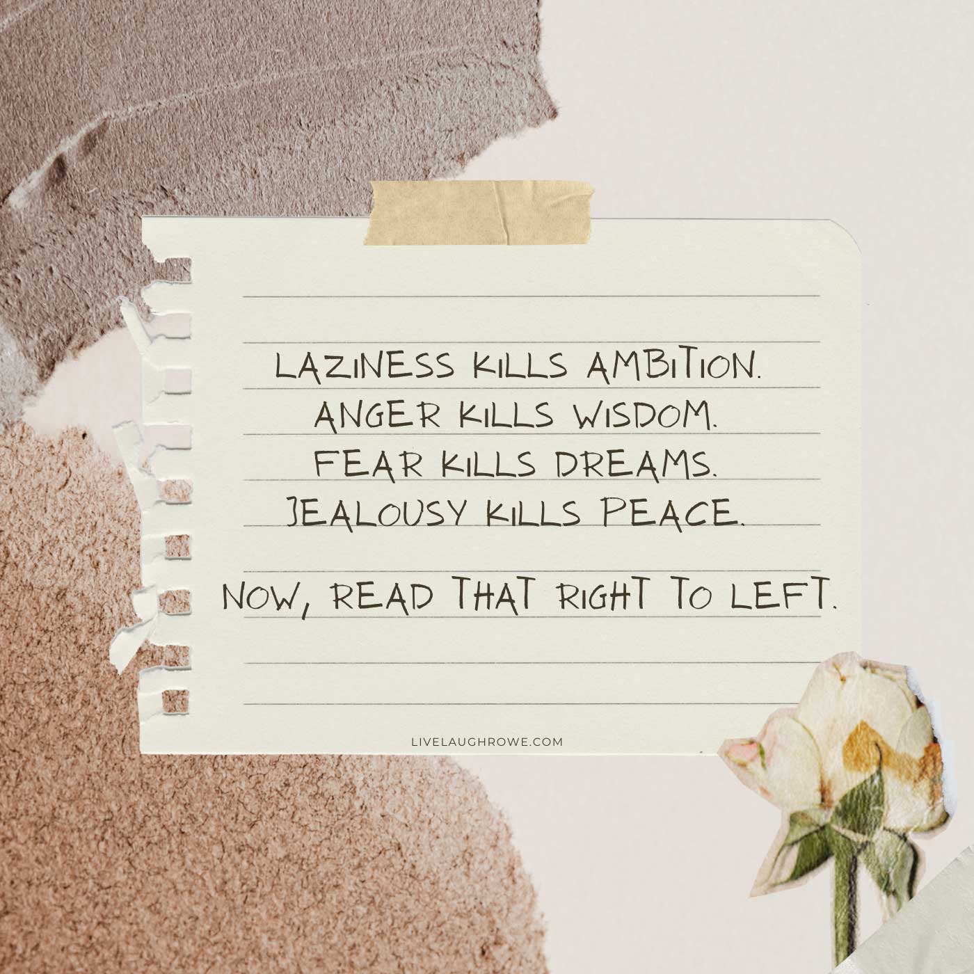 artsy background with torn paper, tape and a dried flower with a quote on perspective.