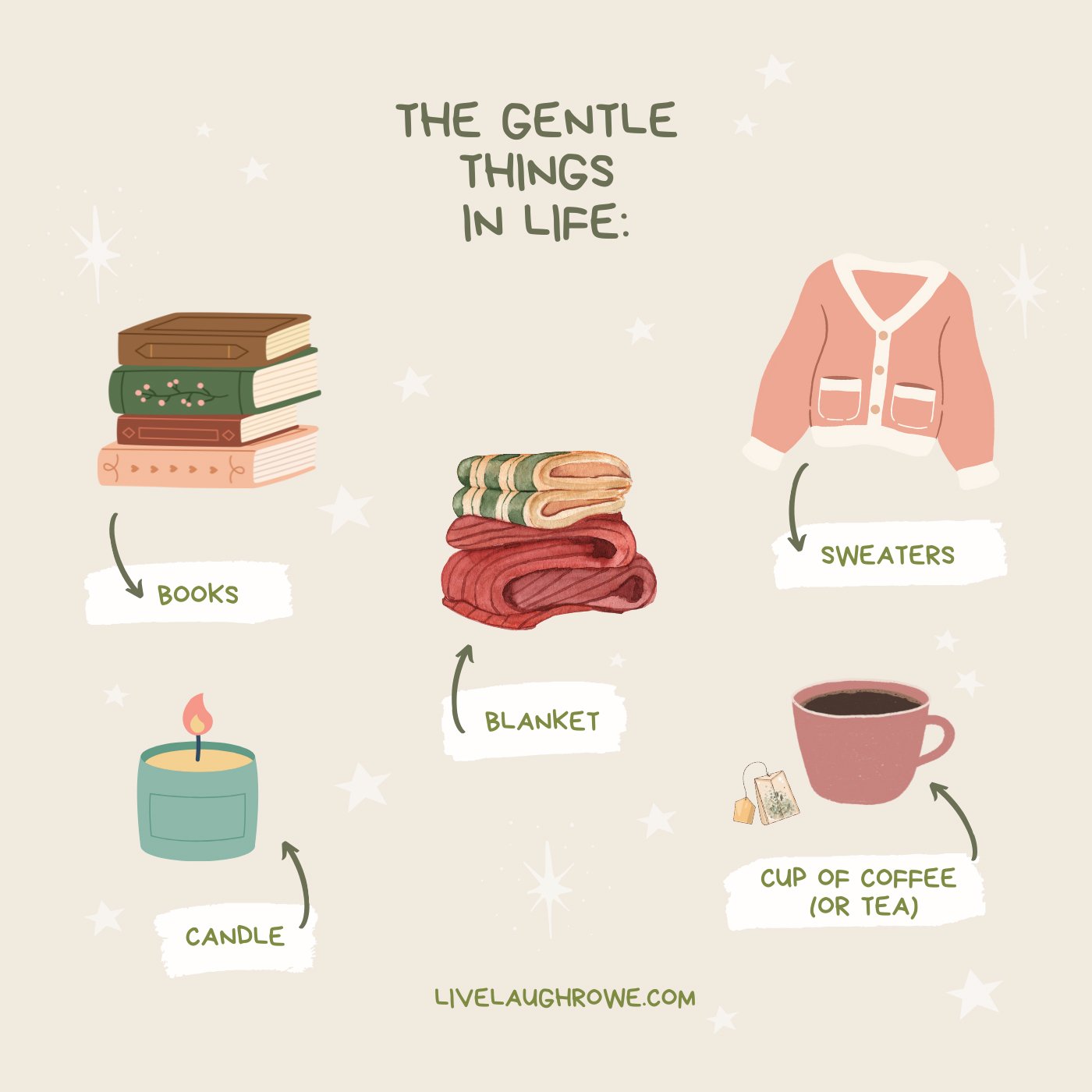 graphic titled, "the gentle things in life" with a sweater, books, blankets, a candle and a cup of coffee or tea