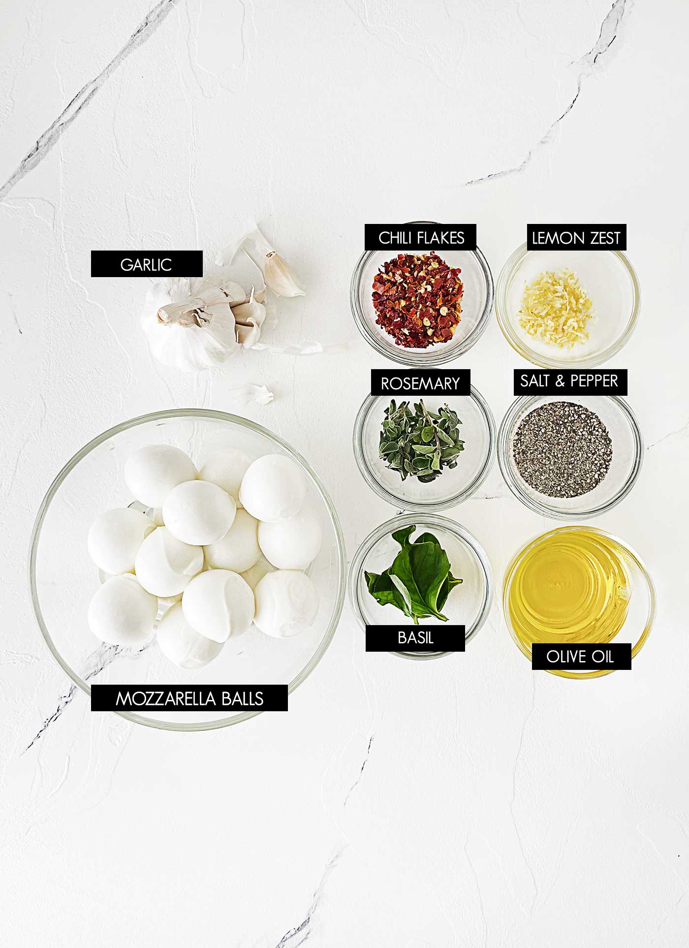 labeled ingredients for mozzarella ball appetizer