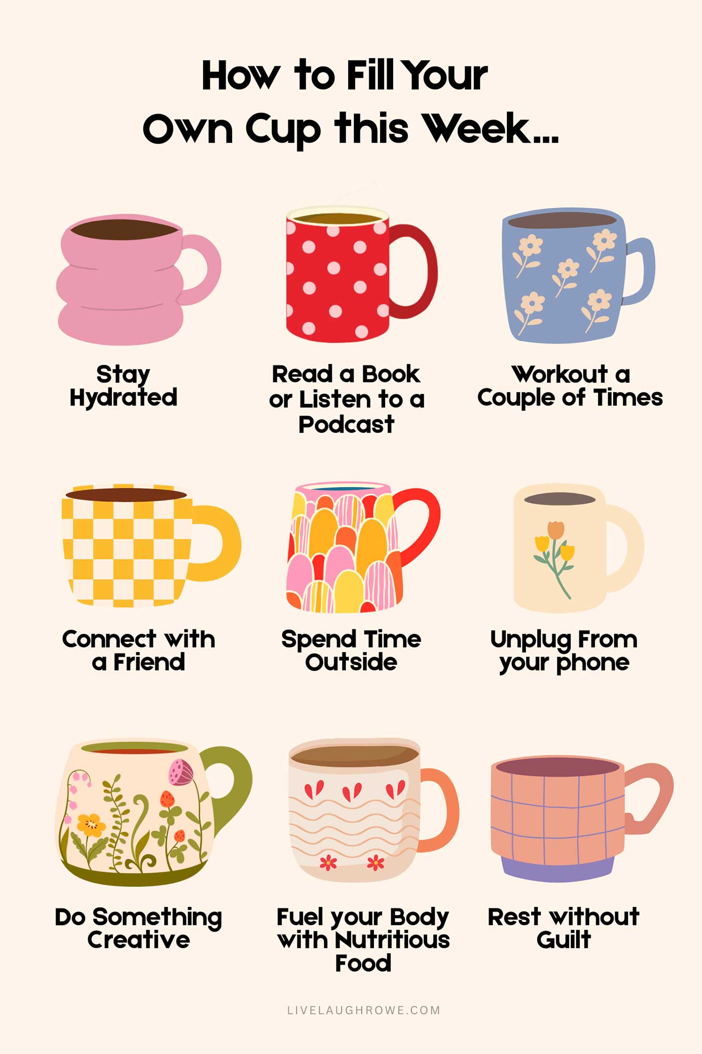 graphic with assorted coffee mugs and text sharing how to fill your own cup this week