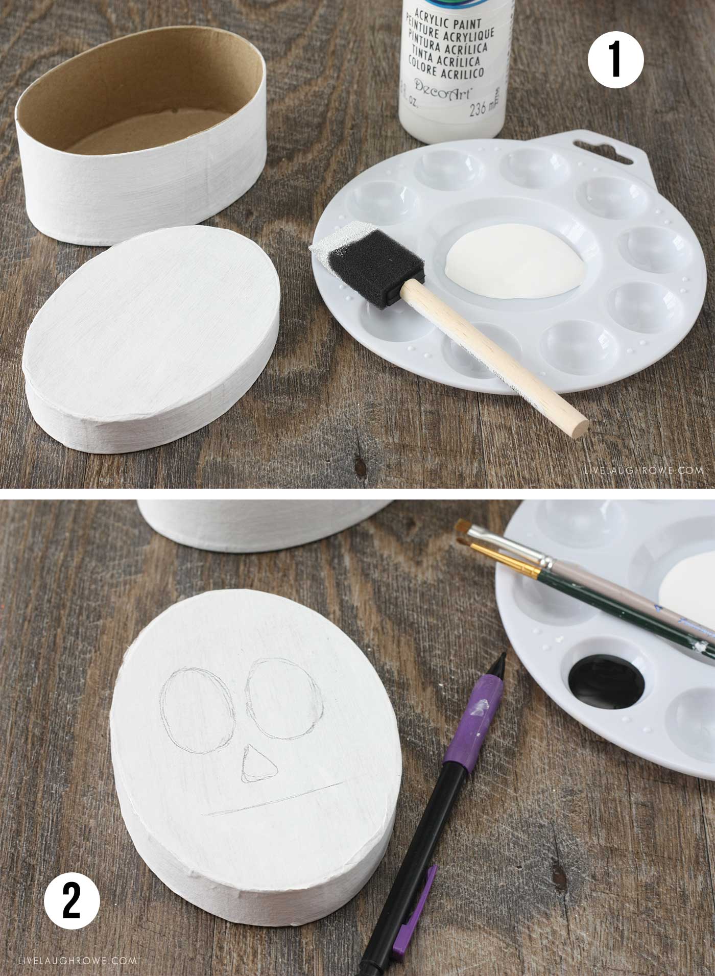 painting skeleton faces on paper mache boxes