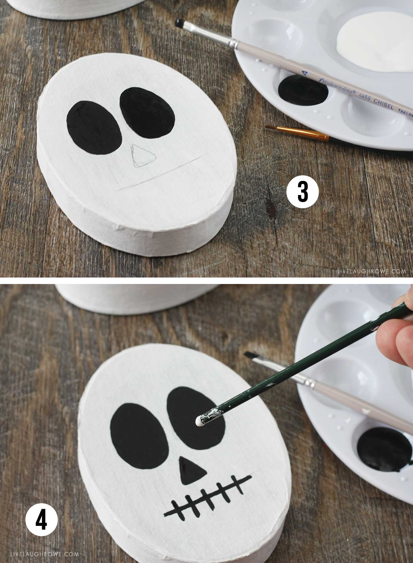 painting skeleton faces on paper mache boxes