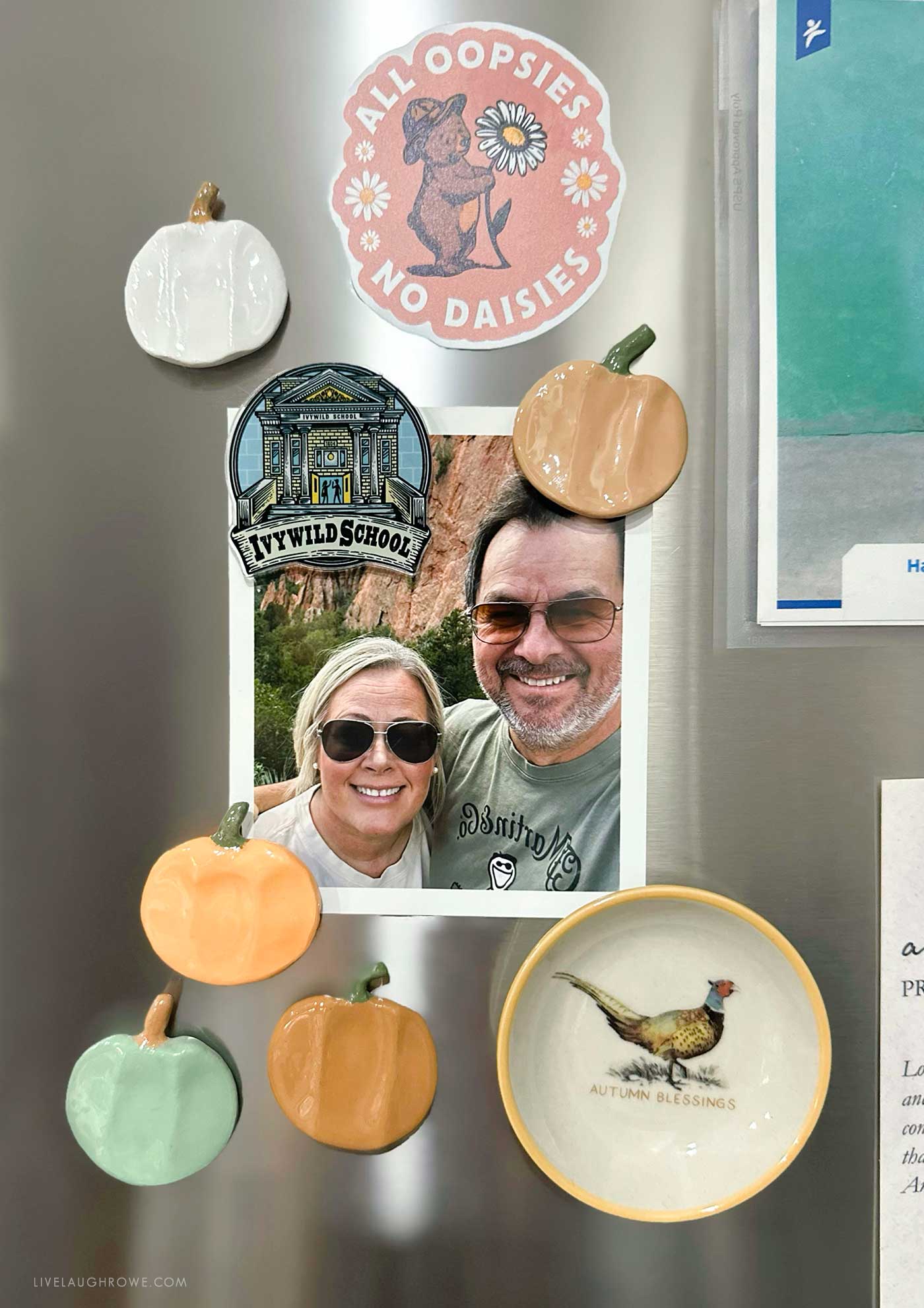 A cozy refrigerator display featuring a smiling couple’s photo held up by handmade ceramic pumpkin magnets in autumn hues of orange, cream, and mint. Above the photo is a “All Oopsies, No Daisies” sticker with a bear holding a daisy, and beside it sits a small dish with a pheasant illustration labeled “Autumn Blessings.”