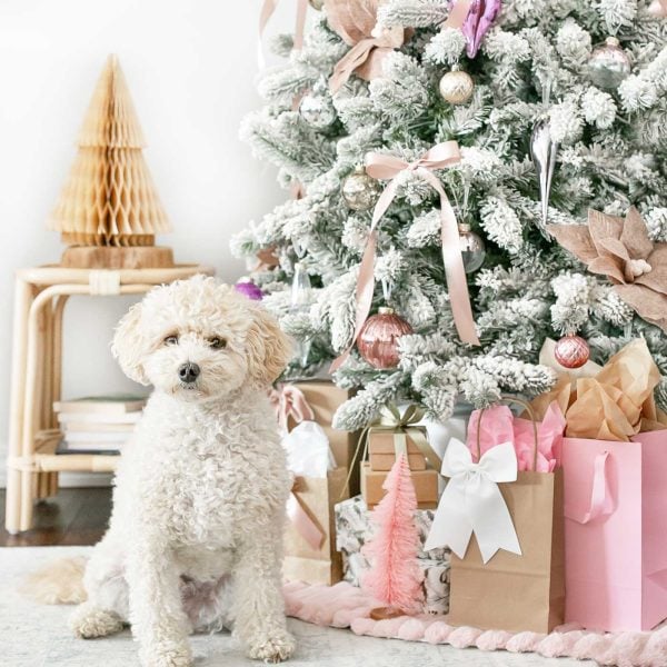 Dog sitting near gifts under a flocked Christmas tree decorated in soft pink tones.